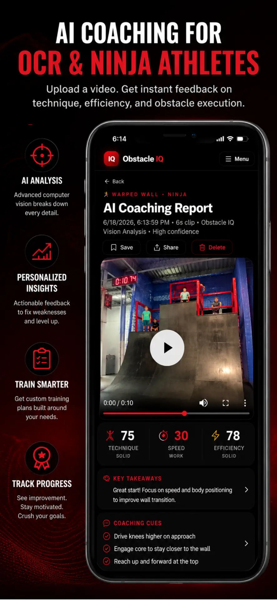 Obstacle IQ AI Coaching Report with scores and coaching cues