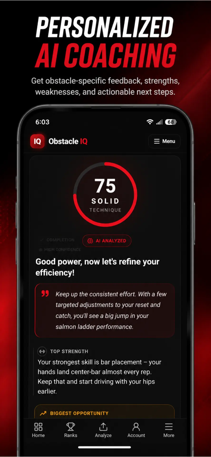 Personalized AI coaching with technique score and strengths