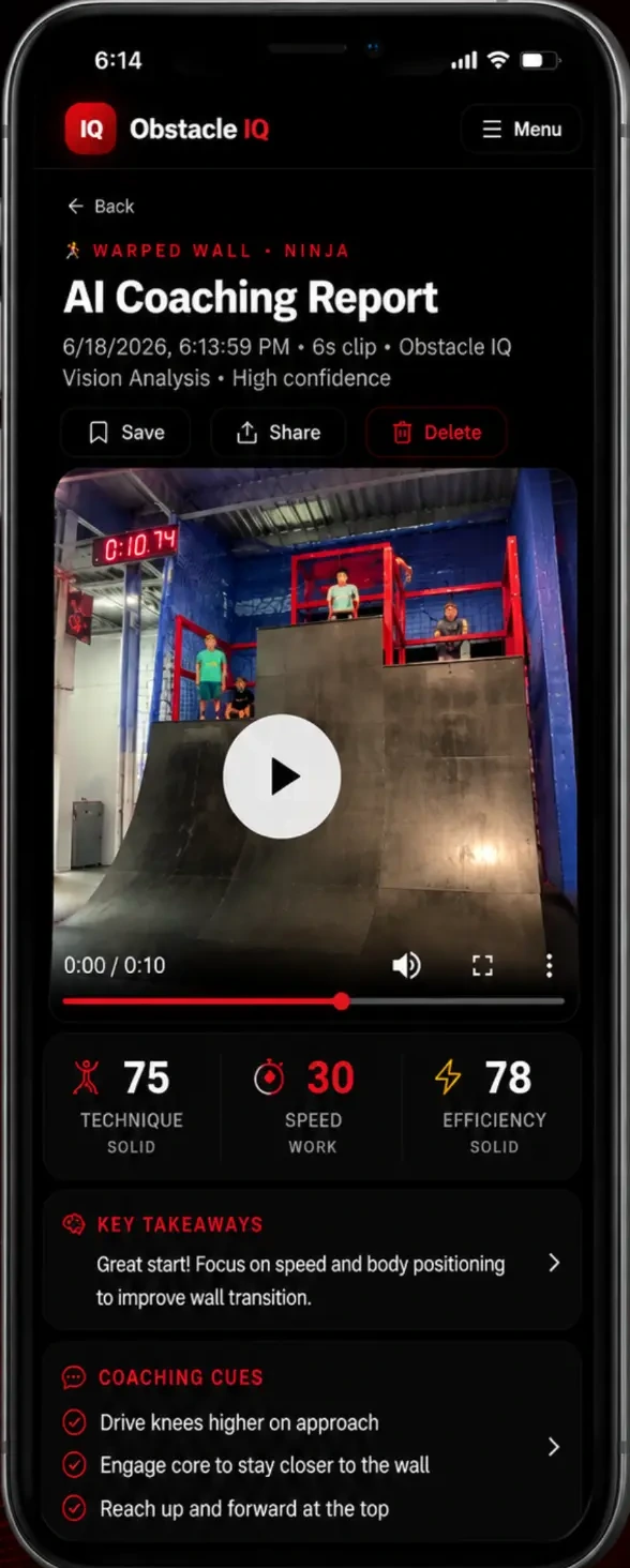 Real Obstacle IQ AI Coaching Report showing Technique 75, Speed 30 and Efficiency 78 scores for a Warped Wall attempt